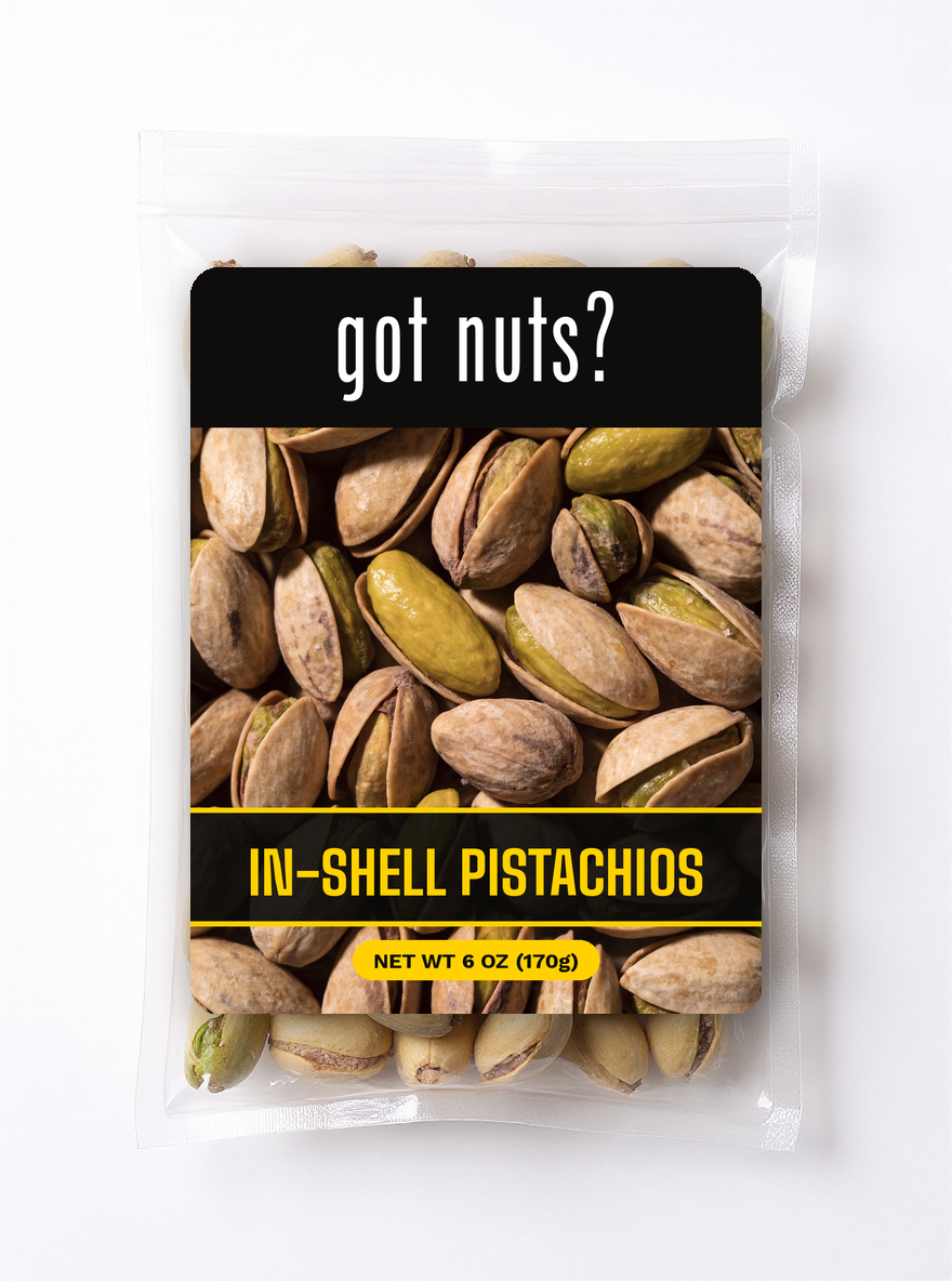 Got Nuts In-Shell Pistachios — clear bag with label